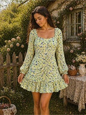 Yellow Floral Ruched Mini Dress Puff Sleeve Cottagecore Size S